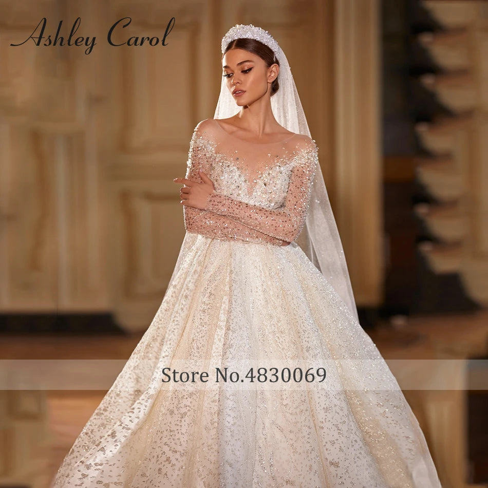 Ashley Carol Luxury Wedding Dresses For Women Real Photos Long Sleeve Princess Sparkling Beaded Bridal Dress Vestidos De Novia