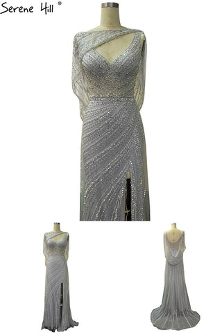 Luxury Champagne Split Diamond Beaded Sleeveless Evening Dress LA70301