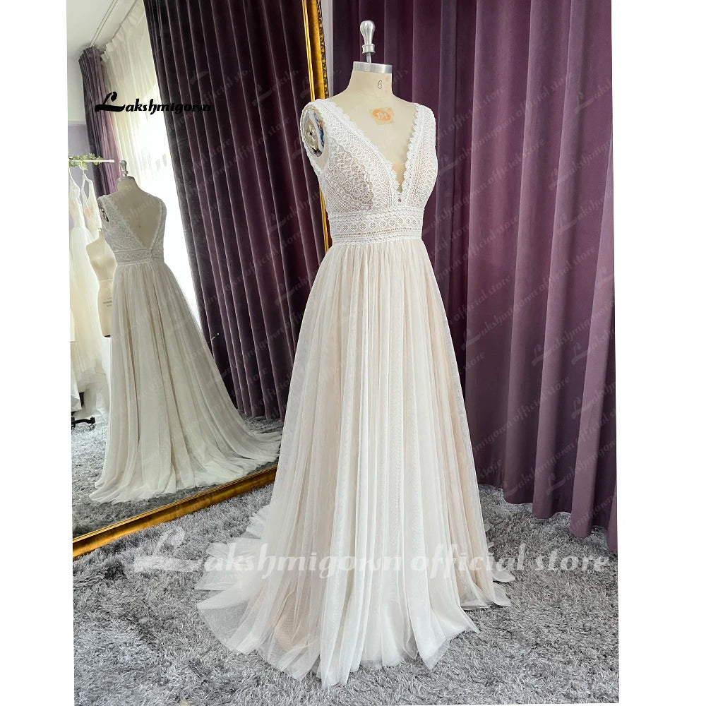 ZapDress V Neck Bohemian Wedding Dresses Lace Bridal Gowns Tulle A-Line Wedding Gown Robe De Mariée Country Customized