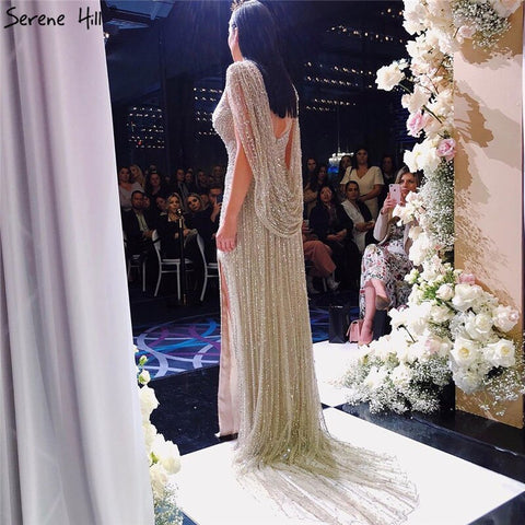 Luxury Champagne Split Diamond Beaded Sleeveless Evening Dress LA70301