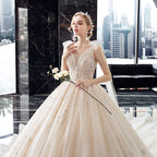 Supper Gorgeous Shiny Crystal Lace Ball Gown Wedding Dress Wih Chapel Train V-neck Bow Shoulder Princess Bridal Dresses