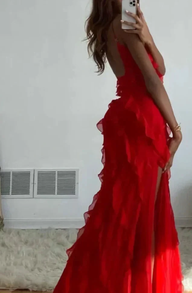 Red Ruffles Long Formal Prom Dress Elegant Evening Dress Y7979 by simplepromdress