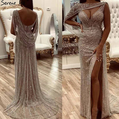 Luxury Champagne Split Diamond Beaded Sleeveless Evening Dress LA70301