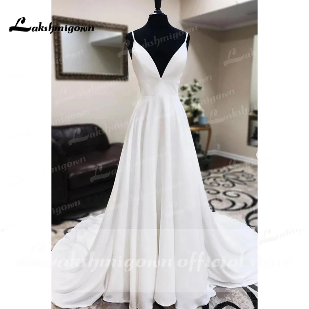 Customized Spaghetti White Sexy Crepe Satin Wedding Dress A Line Engagement Dress Boho Wedding Gowns Dress White Robe De Mariee