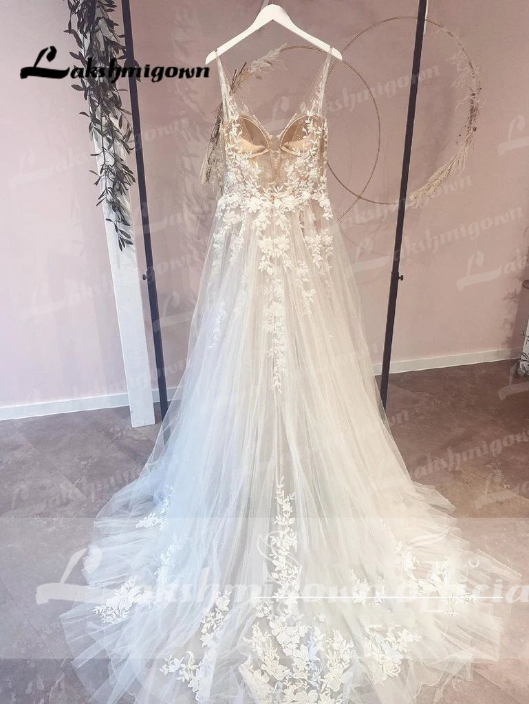 ZapDress Unlined Bodice FLowy A Line Tulle Wedding Dress With V Neck Bridal Gown Beach Bridal Gown Customized Robe De Mariee