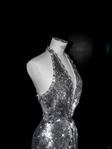Sparkly Silver Deep V Halter Sequins Beaded Backless Evening Dress Mermaid Prom Dress Y8687