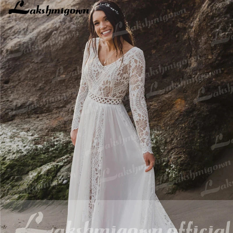Beach Boho Wedding Dress Lace Long Sleeves Backless Floor Length Robe De Mariee Brides Chiffon A-line Bridal Gowns Sweep Train