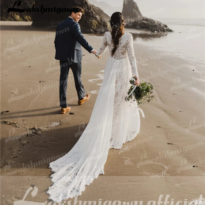 Beach Boho Wedding Dress Lace Long Sleeves Backless Floor Length Robe De Mariee Brides Chiffon A-line Bridal Gowns Sweep Train