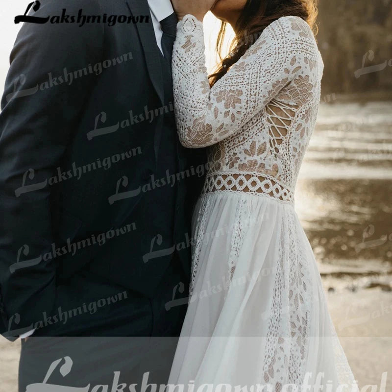 Beach Boho Wedding Dress Lace Long Sleeves Backless Floor Length Robe De Mariee Brides Chiffon A-line Bridal Gowns Sweep Train
