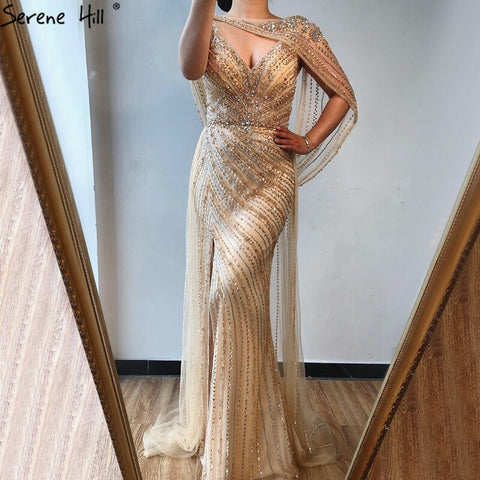 Luxury Champagne Split Diamond Beaded Sleeveless Evening Dress LA70301