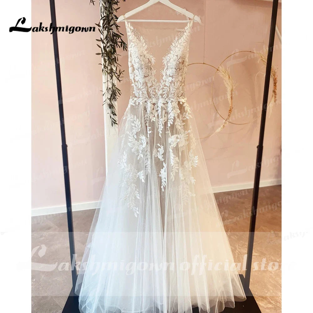 Custom A Line Backless Wedding Dress Featuring Beaded Lace Tulle