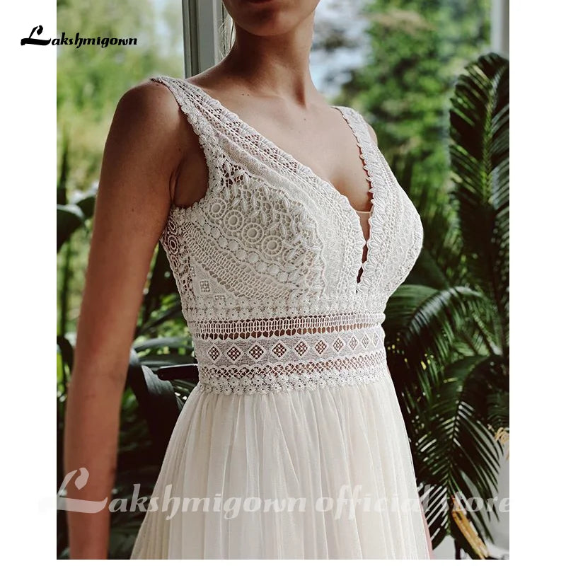 ZapDress V Neck Bohemian Wedding Dresses Lace Bridal Gowns Tulle A-Line Wedding Gown Robe De Mariée Country Customized