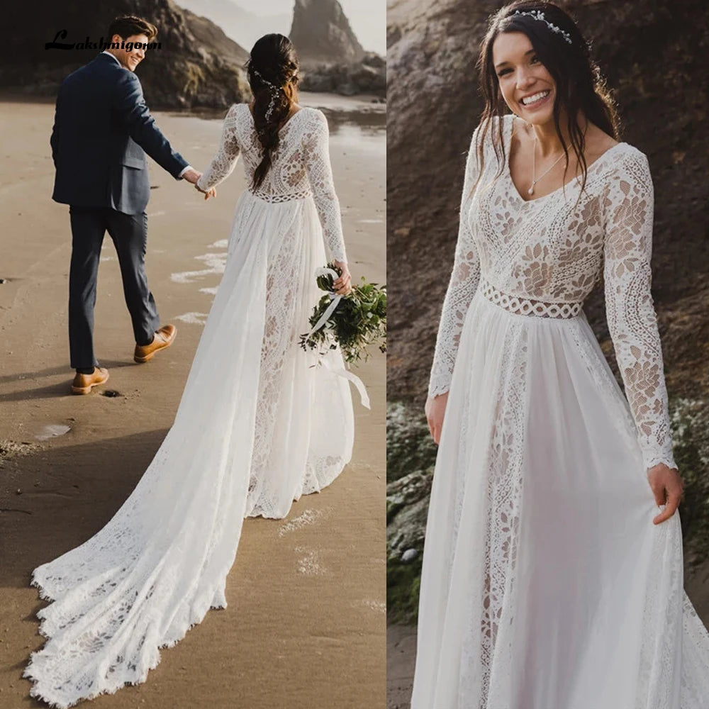 Beach Boho Wedding Dress Lace Long Sleeves Backless Floor Length Robe De Mariee Brides Chiffon A-line Bridal Gowns Sweep Train