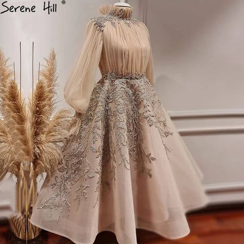 Luxury Champagne Long Sleeve Muslim Evening Dress LA71035