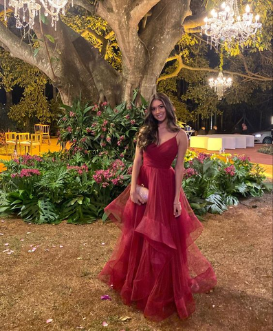 Elegantes Burgunderrotes A-Linien-Abendkleid mit Rüschen Y5878