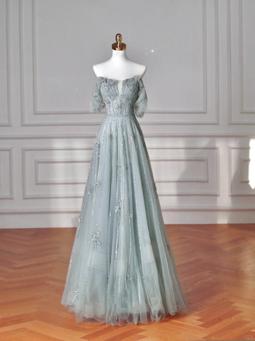 Pretty Light Green Square Neck Tulle Beaded Prom Dress A Line Evening Dress Y8612
