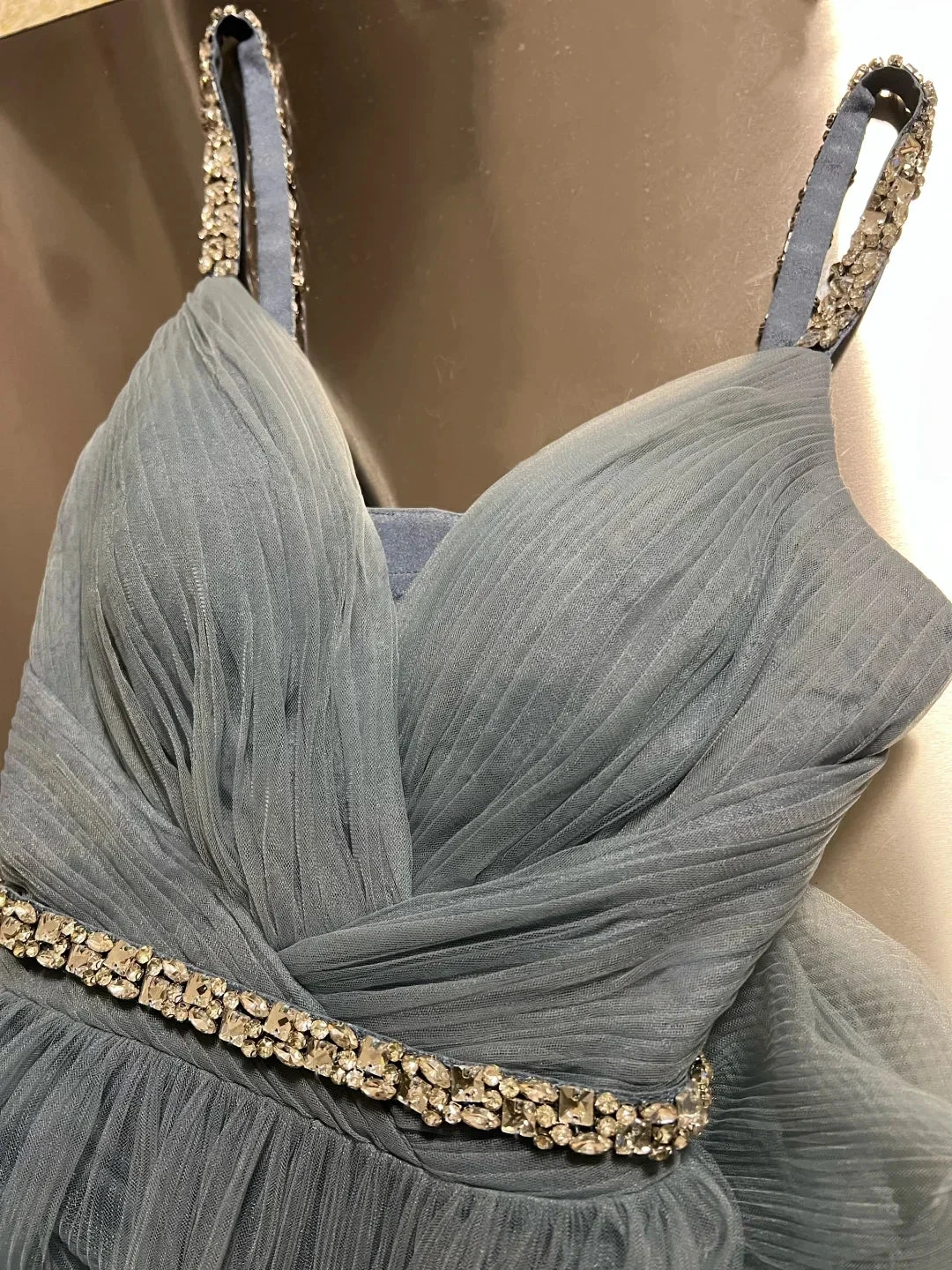 Simple Blue Tulle Beaded A Line Evening Dress Spaghetti Straps V Neck Prom Dress Y8649 by simplepromdress