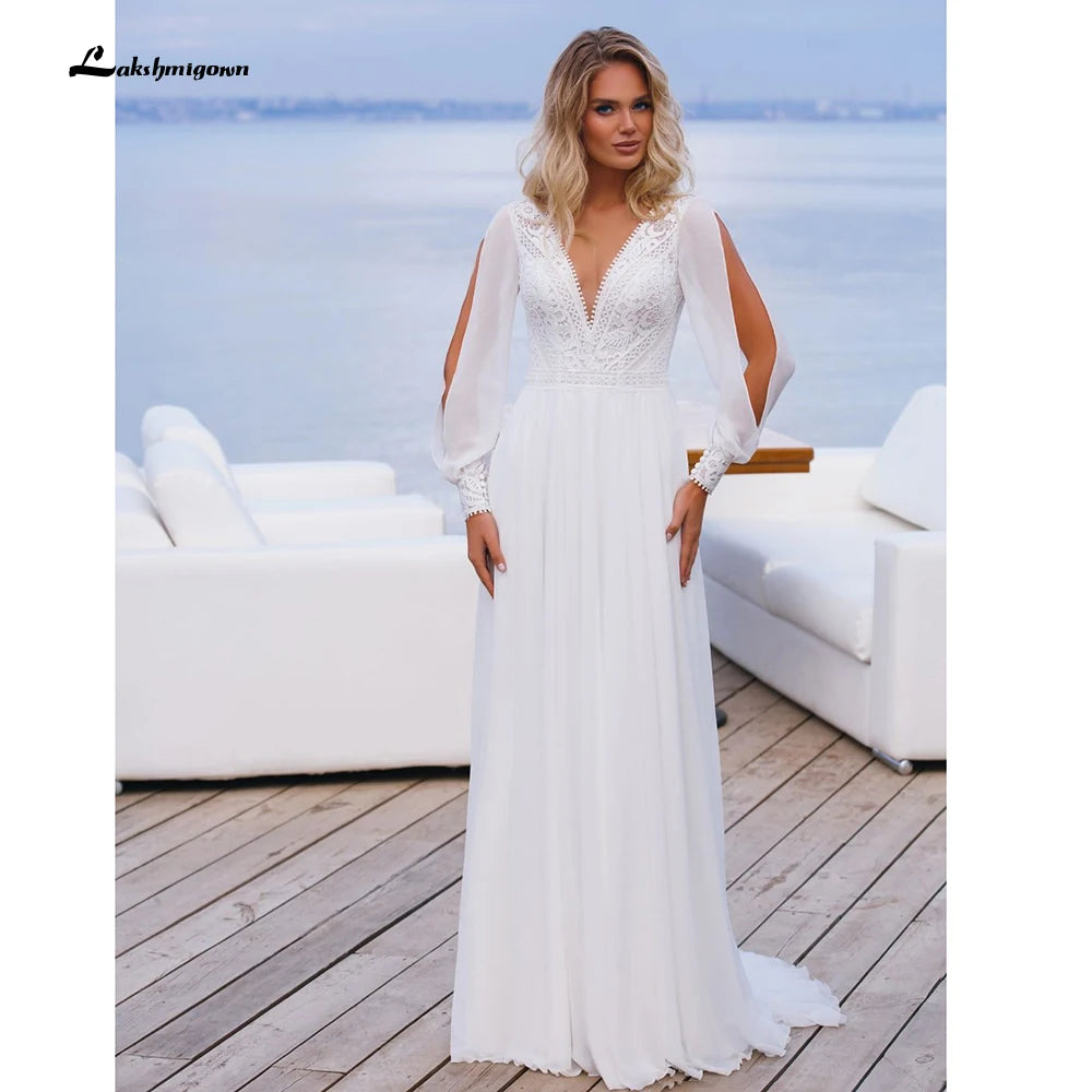 Simple Boho Wedding Dress Customized Robe Longue Vintage Lace Chiffon Long Wedding Dresses Chic Bridal Gowns