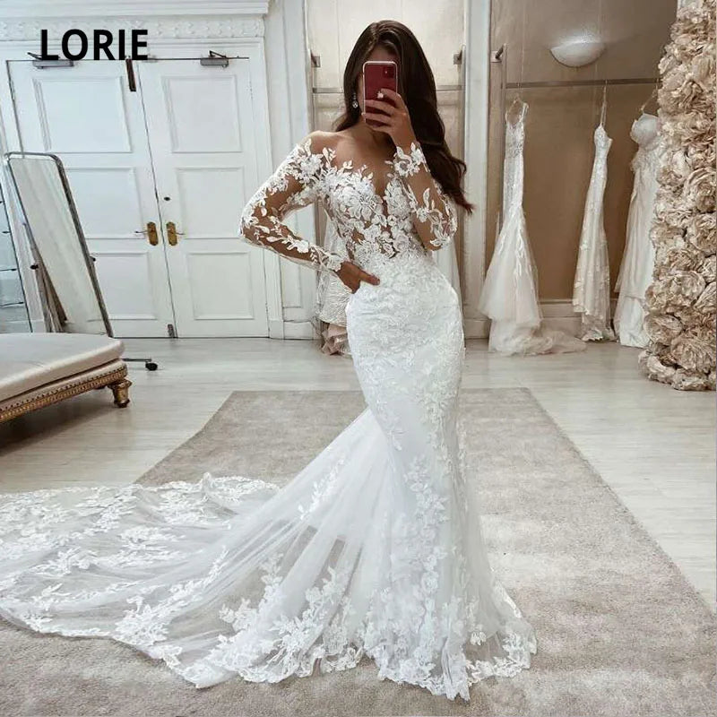 LORIE Boho Wedding Dresses Mermaid Lace Long Sleeves Wedding Gown Vintage White Ivory Custom Made Luxury Bridal Dress Customized