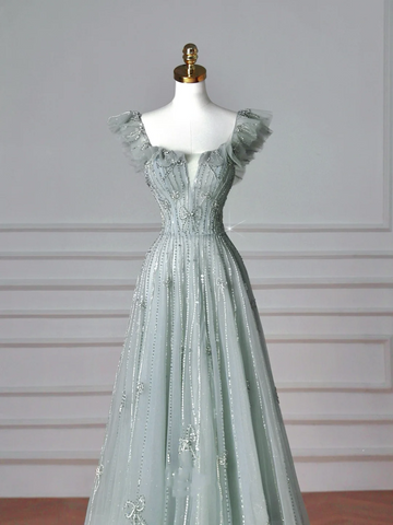 Pretty Light Green Square Neck Tulle Beaded Prom Dress A Line Evening Dress Y8612