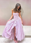 Pink Strapless Pleated Slit Evening Dress Long Satin Prom Dress Y7978 by simplepromdress