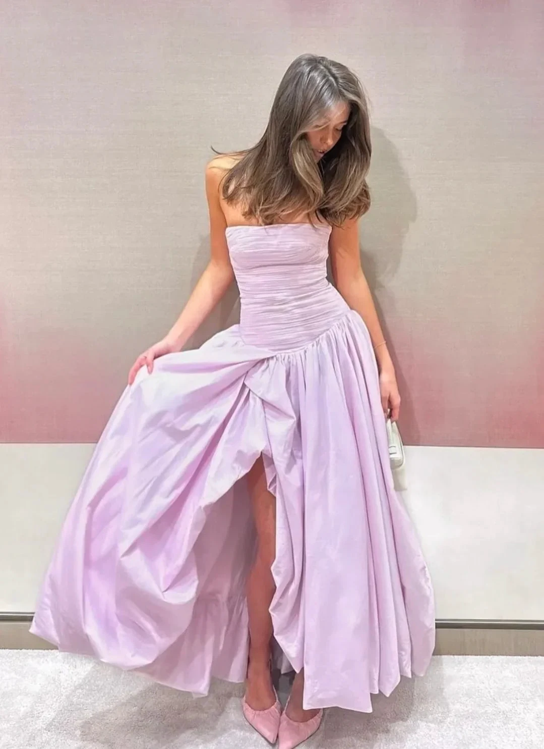 Pink Strapless Pleated Slit Evening Dress Long Satin Prom Dress Y7978 by simplepromdress