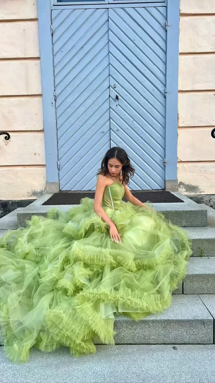 Green Tulle Long Prom Dresses, A-Line Formal Evening Dresses Y2029 by simplepromdress