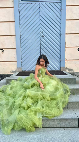 Green Tulle Long Prom Dresses, A-Line Formal Evening Dresses Y2029