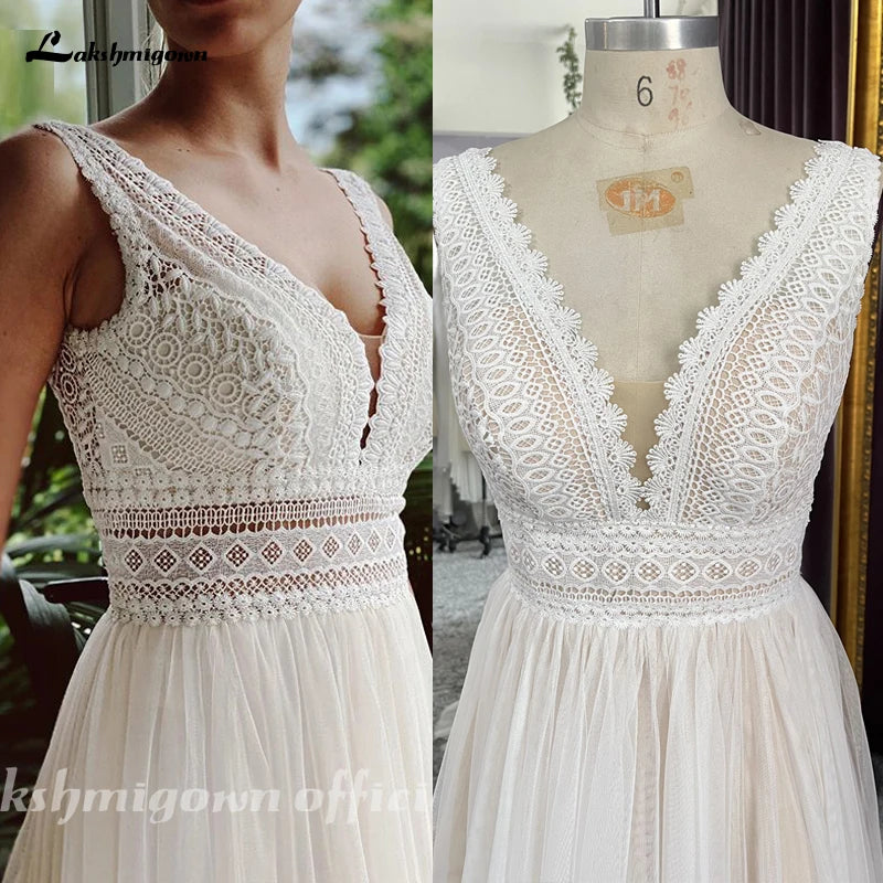 ZapDress V Neck Bohemian Wedding Dresses Lace Bridal Gowns Tulle A-Line Wedding Gown Robe De Mariée Country Customized