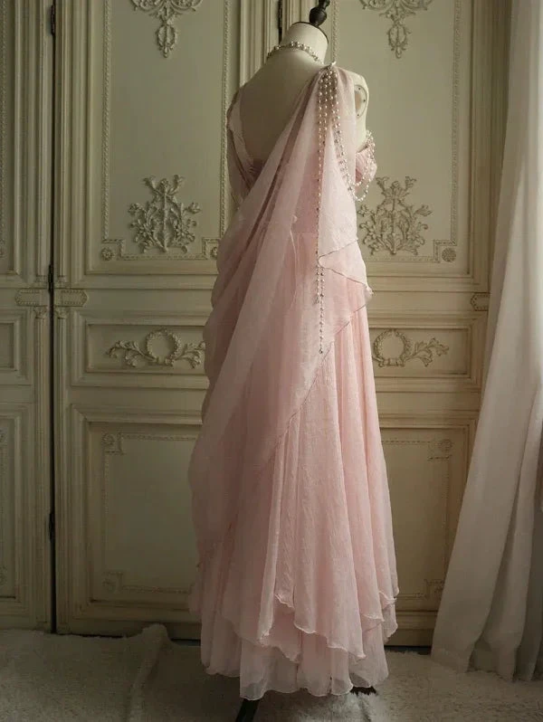 Vintage Pink One Shoulder Chiffon Evening Dress A Line Prom Dress Y7791 by simplepromdress