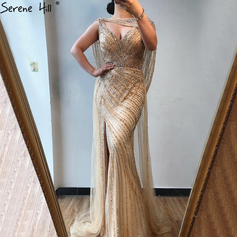 Luxury Champagne Split Diamond Beaded Sleeveless Evening Dress LA70301