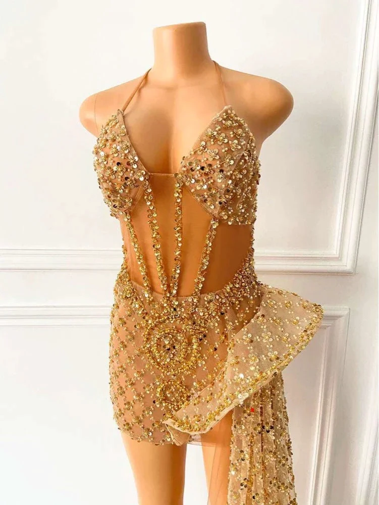 Glitter Sleeveless Gold Sequin Girls African Short Homecoming Dresses Y548 by simplepromdress