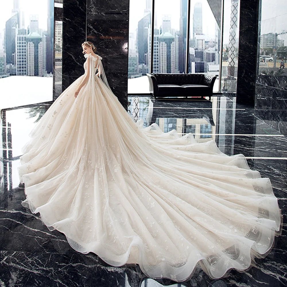 Supper Gorgeous Shiny Crystal Lace Ball Gown Wedding Dress Wih Chapel Train V-neck Bow Shoulder Princess Bridal Dresses