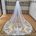 Real Photo 3m One Layer Bridal Veil with Comb White Lace Edge Ivory Appliqued Cathedral Wedding Veil for Brides