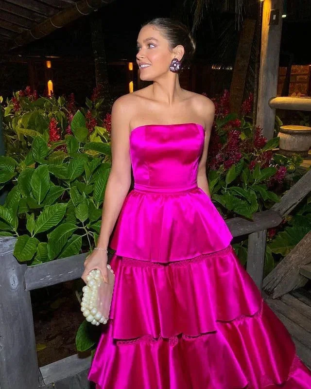 Beautiful Strapless Satin Tiered Party Prom Dress Hot Pink Satin A Line Evening Gown Y8003 by simplepromdress