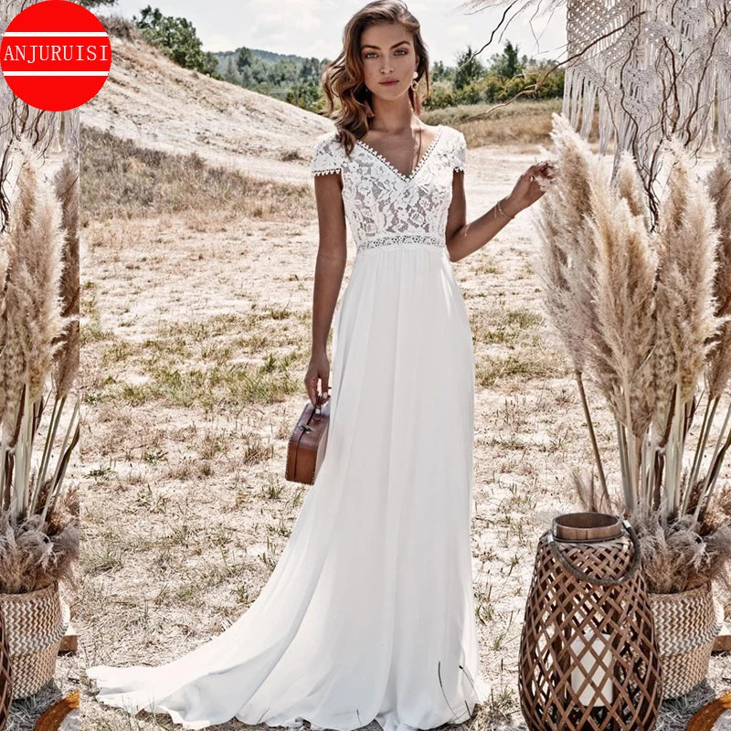 Boho Wedding Dress Short Sleeves Lace Appliques Vestido De Novia 2022 Sexy Chiffon Women Bride Gown Beach Robe Mariage Trouwjurk