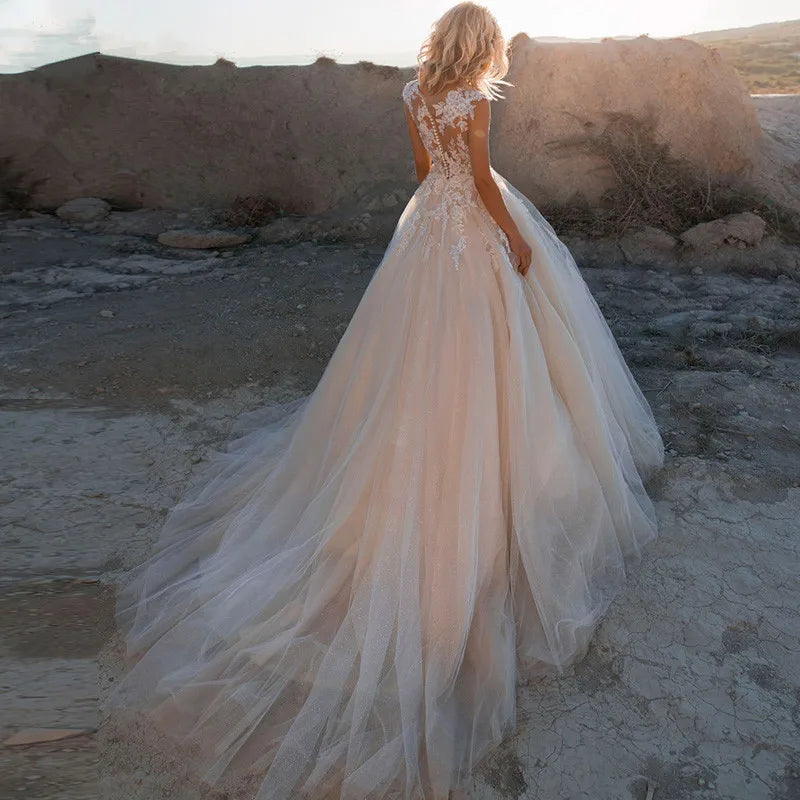 LORI Scoop Lace Applique A Line Wedding Dresses Sleeveless Tulle Boho Bridal Gowns Long Train Elegant Princess Dress Customized