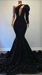 Black Sequins Long Prom Dress One Puffy Sleeve Mermaid Evening Dress Y15 by simplepromdress