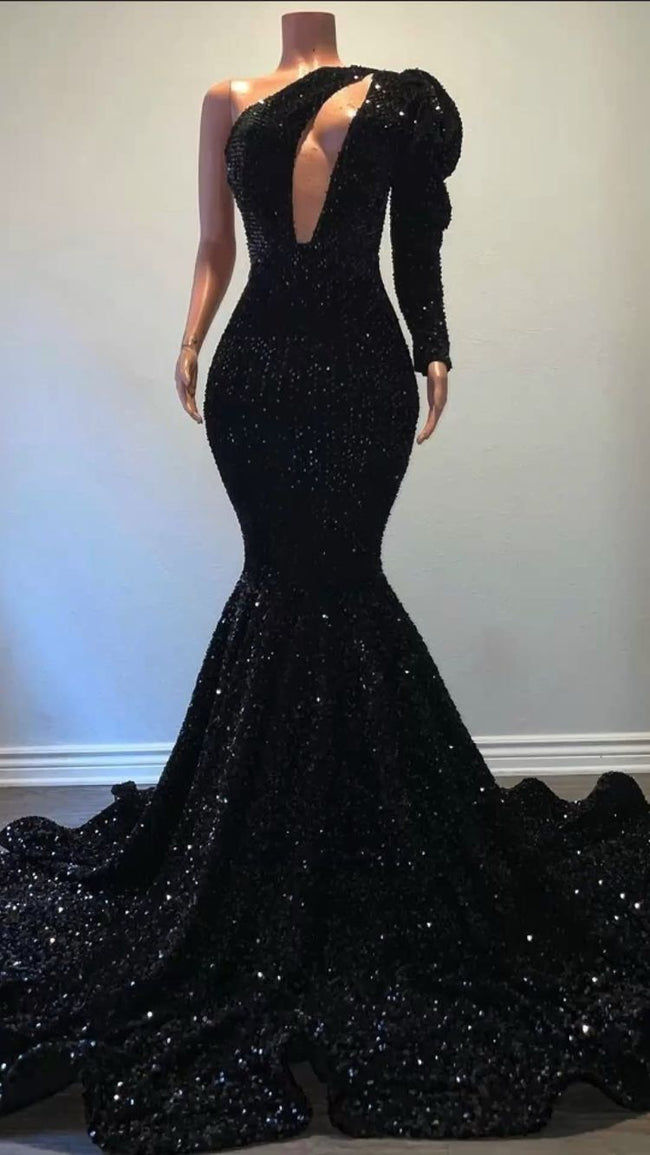 Black Sequins Long Prom Dress One Puffy Sleeve Mermaid Evening Dress Y15 Hover Image