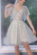 A-line Short Silver Homecoming Dress with Flutter Sleeves Y28 by simplepromdress