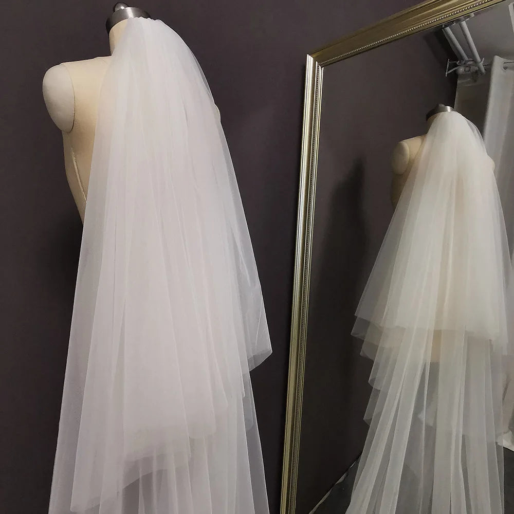 Customized Real Photos 2 T Long Lace Wedding Veil 4 Meters White Ivory Bridal Veil with Comb Blusher Bride Headpiece Accessories