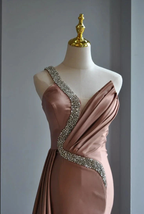 Rose Pink Crystal Beaded Evening Dress One Shoulder Satin Mermaid Long Prom Dress Y8519 by simplepromdress