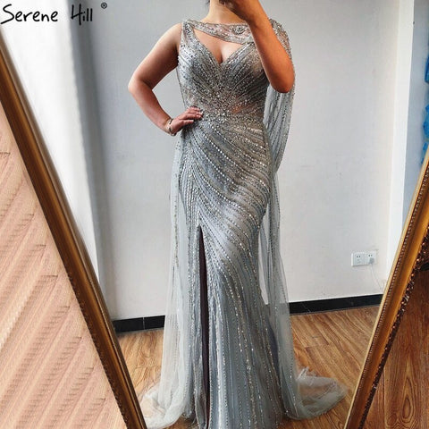 Luxury Champagne Split Diamond Beaded Sleeveless Evening Dress LA70301