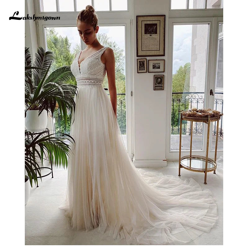 ZapDress V Neck Bohemian Wedding Dresses Lace Bridal Gowns Tulle A-Line Wedding Gown Robe De Mariée Country Customized