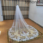 Real Photo 3m One Layer Bridal Veil with Comb White Lace Edge Ivory Appliqued Cathedral Wedding Veil for Brides