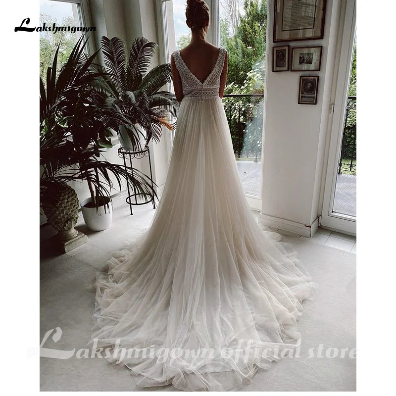 ZapDress V Neck Bohemian Wedding Dresses Lace Bridal Gowns Tulle A-Line Wedding Gown Robe De Mariée Country Customized