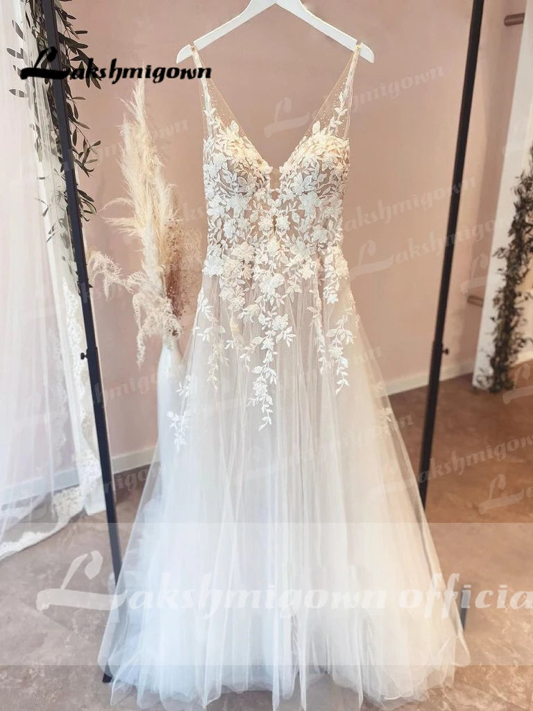 ZapDress Unlined Bodice FLowy A Line Tulle Wedding Dress With V Neck Bridal Gown Beach Bridal Gown Customized Robe De Mariee