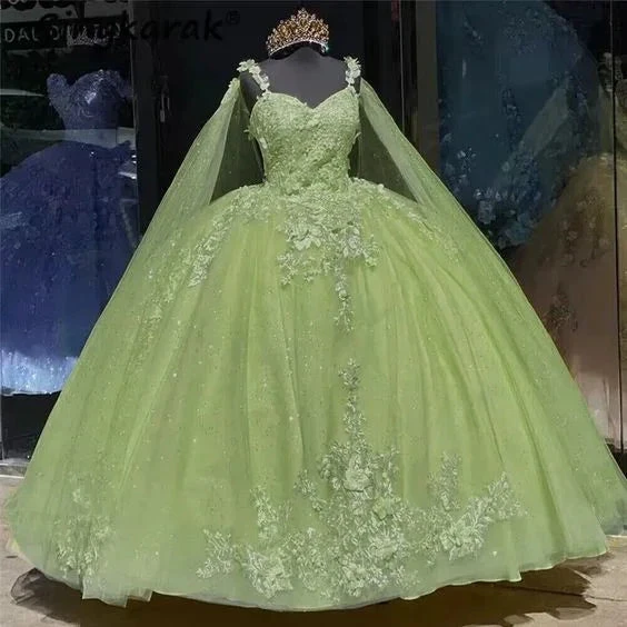 Green Quinceanera Dresses With Cape 3D Flowers Sweet 15 Birthday Ball Gown Y6065 by simplepromdress