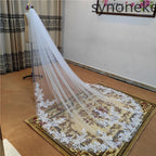 Real Photo 3m One Layer Bridal Veil with Comb White Lace Edge Ivory Appliqued Cathedral Wedding Veil for Brides