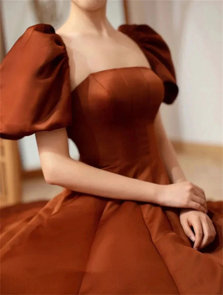 Coffee satin prom dress long Short puffy sleeve ball gown Square neck Fairy formal dress Y4962 by simplepromdress